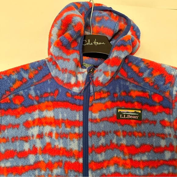 LLBean Kids Mountain Classic Fleece Hooded Jacket Boy Girl Size L 14-16 Blue Red - Picture 2 of 10
